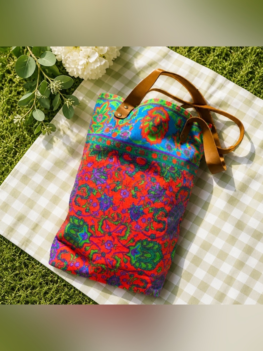 Colorful Floral Canvas Tote Bag with Leather Handles